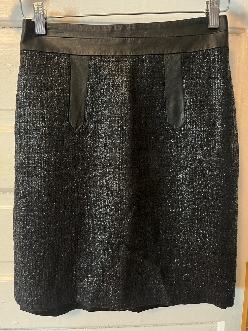 Milly Black Tweed Pencil Skirt with Leather Trim